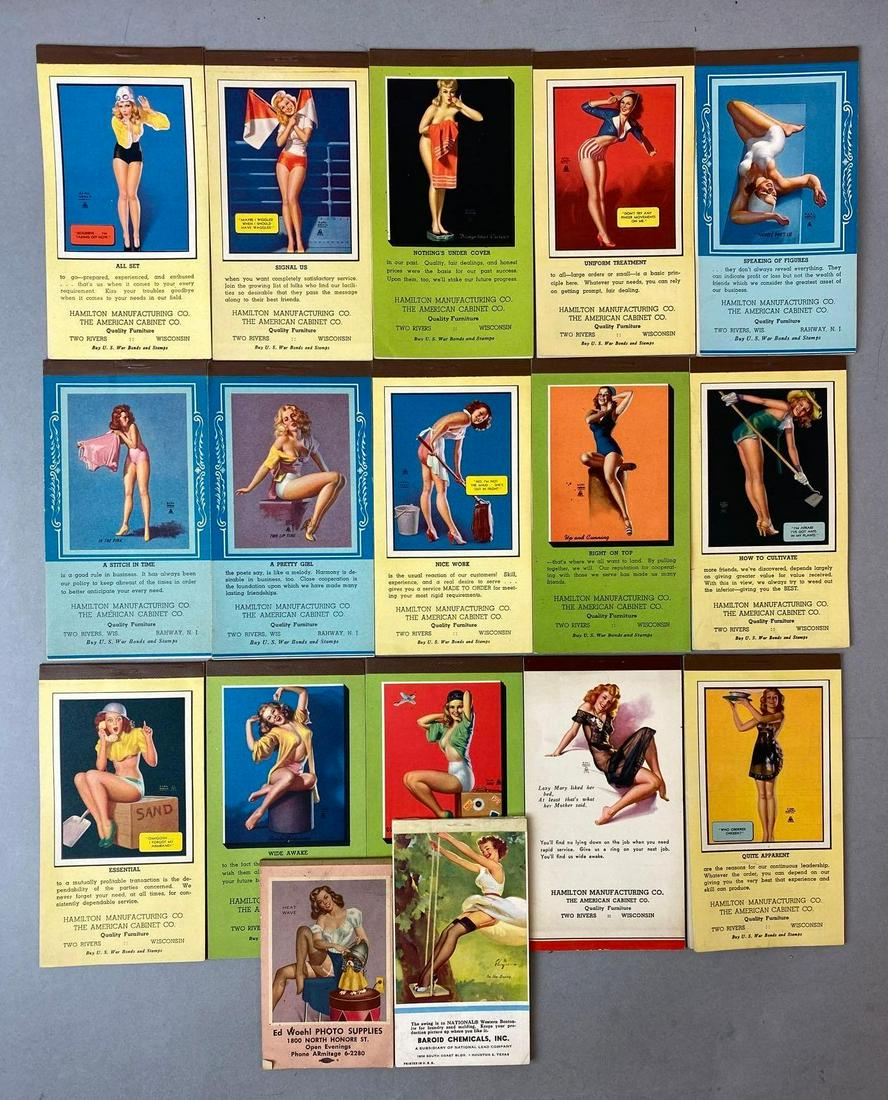 Group of 17 Pinup Girl Hamilton Manufacturing Co. Pocket Calendars: 1940s, The American cabinet co. Includes A Stitch in Time, Quite Apparent, Wide Awake, and more. Calendar in front, notepad towards back. Largest measures 6 x 3 1/4 inches