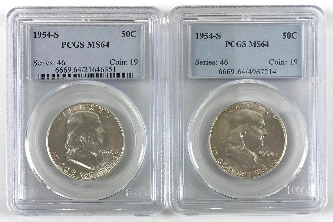 Group of (2) 1954 S Franklin Silver Half Dollars (PCGS) MS64 (1 of 2)