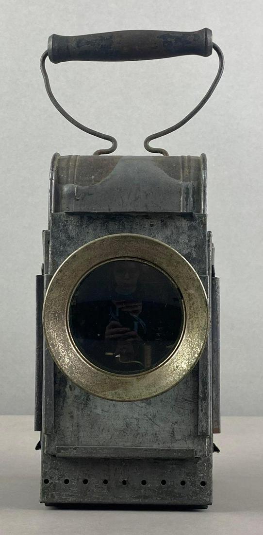WW1 German Trench-Lamp with Added Bicycle Lens: Untested. Lens has small crack. 11 1/4 x 4 x 3 1/2 inches, with handle up.