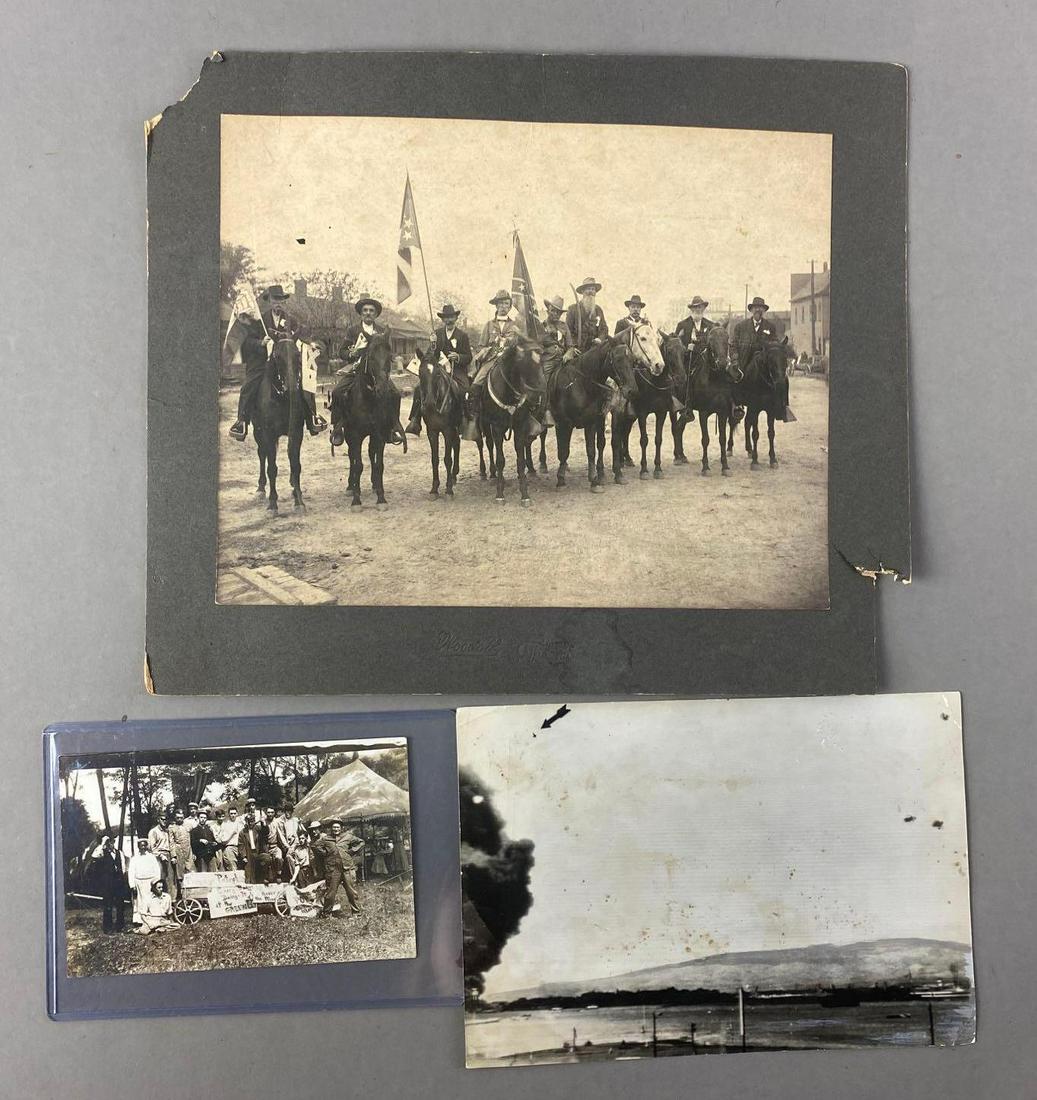 Group of 3 Photographs and Postcard: Includes Pearl Harbor bombing, first photograph to reach the US about attack, confederate soldiers, and Cardinal Athletic Club postcard. Largest measures 10 x 12 inches