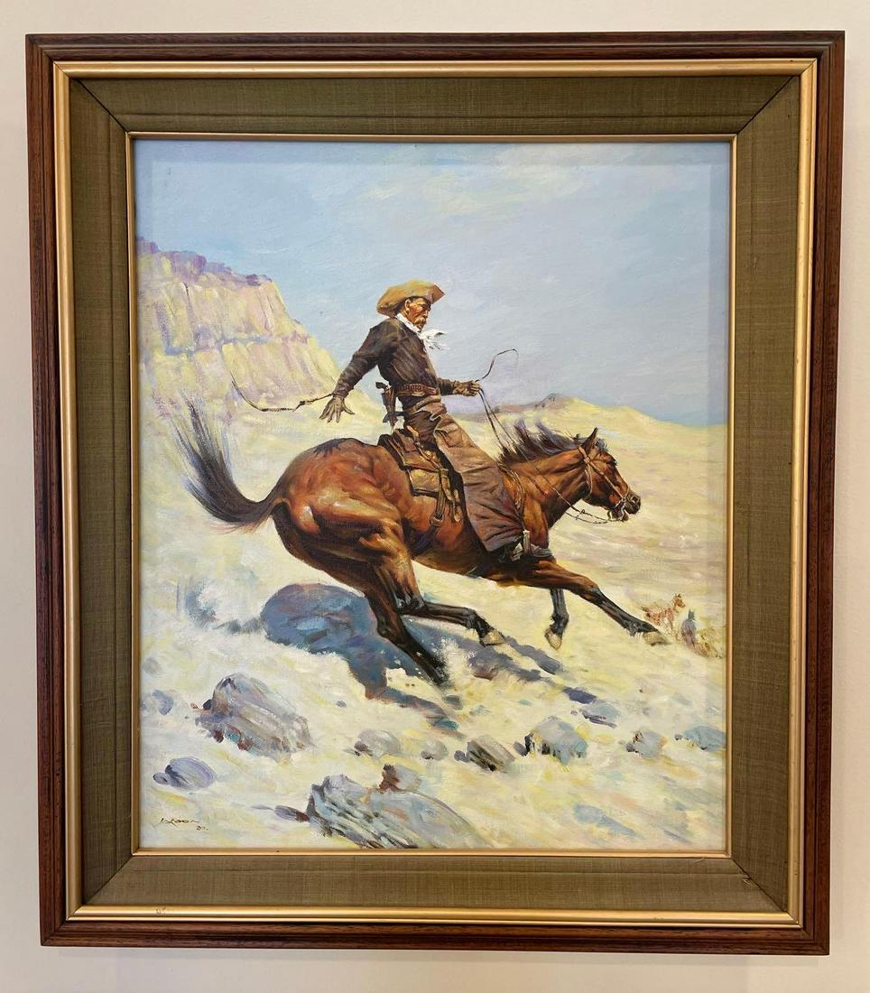 The Cowboy Fredric Remington Replica Oil on Canvas Painting Signed by Artist: The Estate had these copies commissioned by an exceptional artist out of Thailand. Incredible detail and care was taken to reproduce some of Frederic Remington's most famous works. Frame measures 26 x