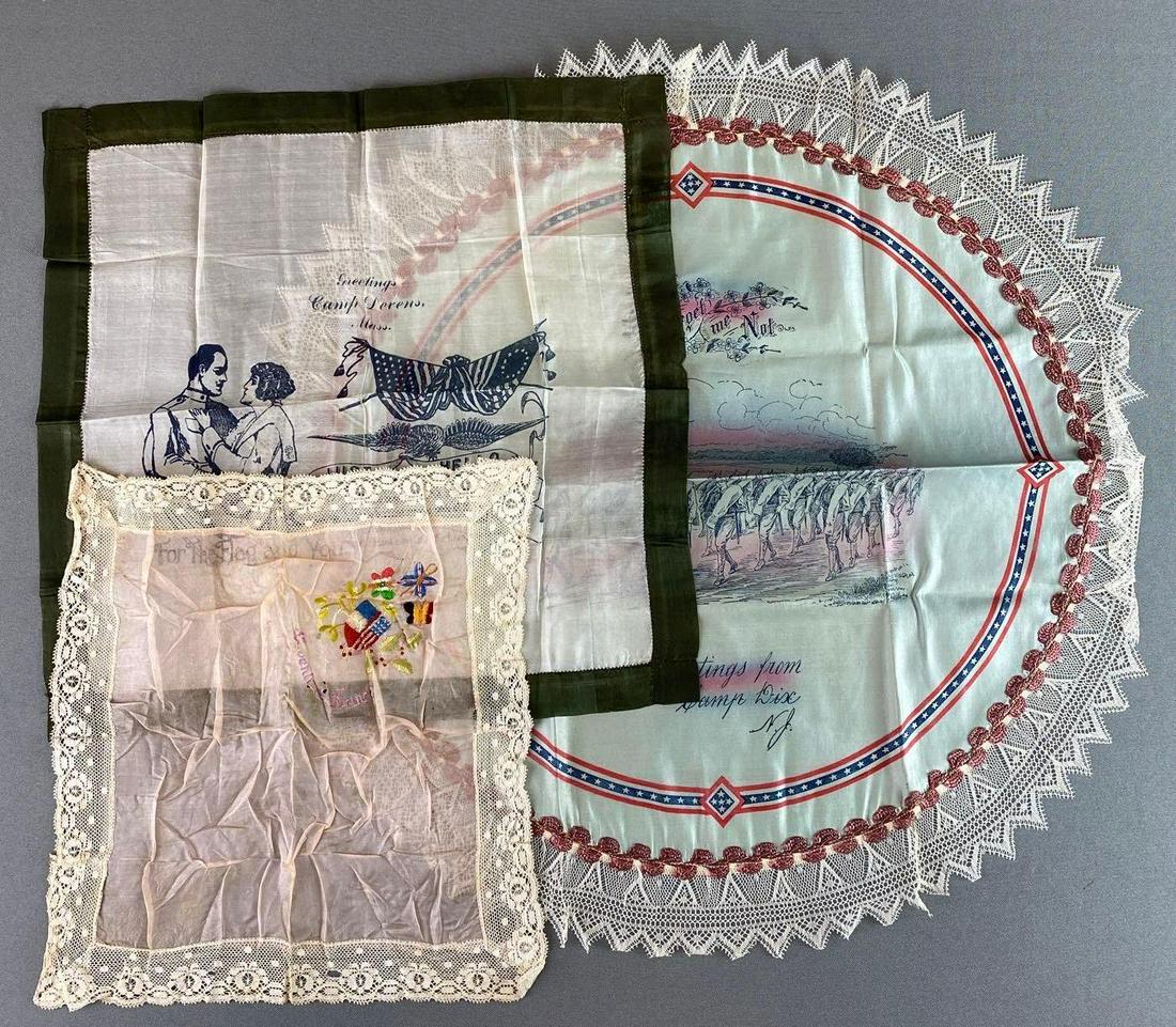 Group of 3 Souvenir Cloths: largest has 21 inch diameter - some parts torn, includes forget me not and 2 handkerchiefs