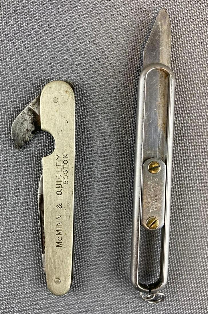 Group of 2 Pocket Knives with Cigar Cutter: Includes McMinn Quigly Boston and The Christy Co Largest is 4 1/2 inches long.
