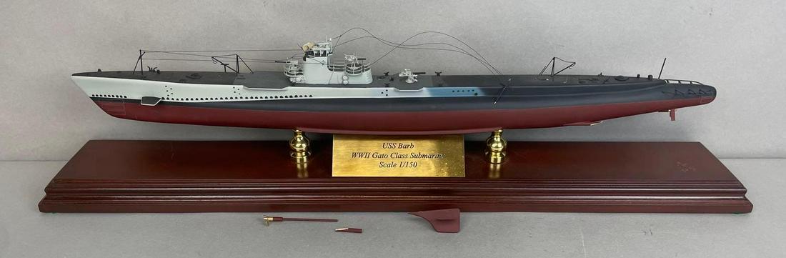 USS Barb WW2 Gato Class Submarine Scale Model: 1/150 scale. Few pieces broken, and possibly missing. measures 7 x 27 1/2 x 4 1/2 inches with base