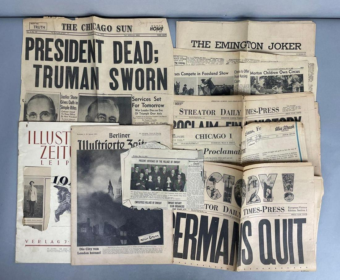 Group of 8 1940s Newspapers and Ephemera: Some are just the front page, a few mark the end of WW2. Also includes 2 German publications. Largest measures 21 1/2 x 18 inches