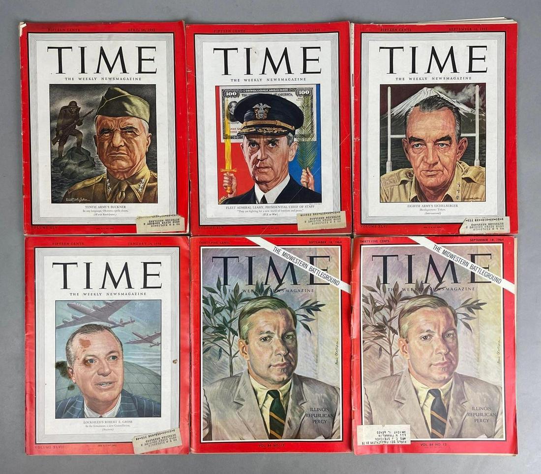 Group of 6 Vintage Time Magazines: Includes 4 from the 1940s, and 2 from September 18, 1964, one has a loose cover. Each measure 11 1/4 x 8 1/4 inches