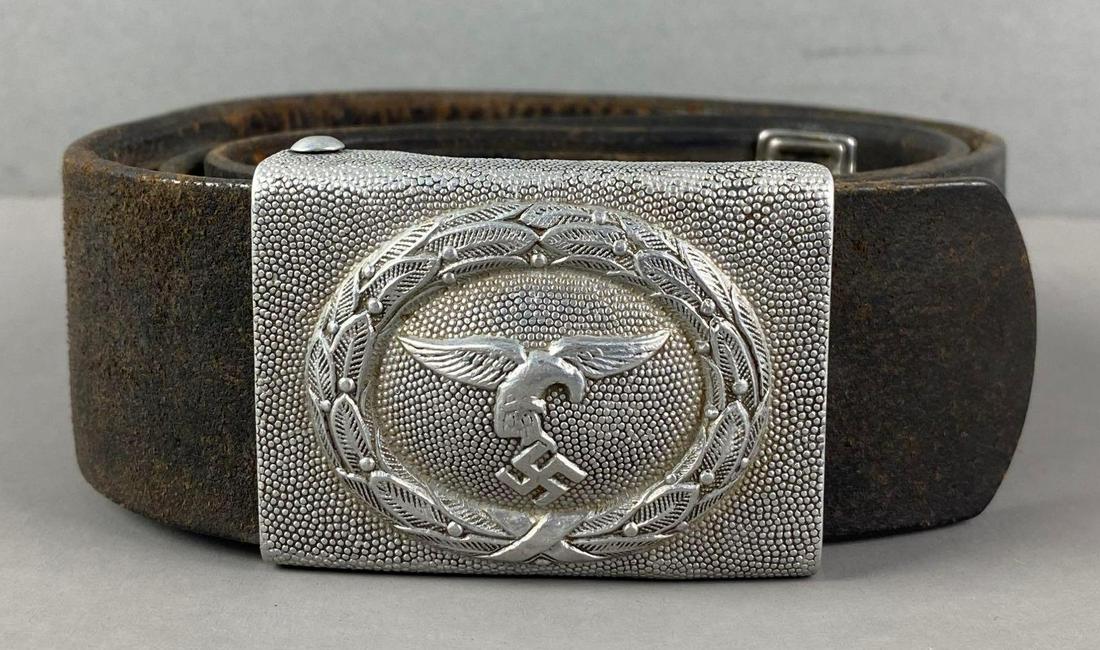 WW2 German Luftwaffe Belt Buckle with Leather Belt: Part of leather belt is marked, 38 inches long. No makers mark.