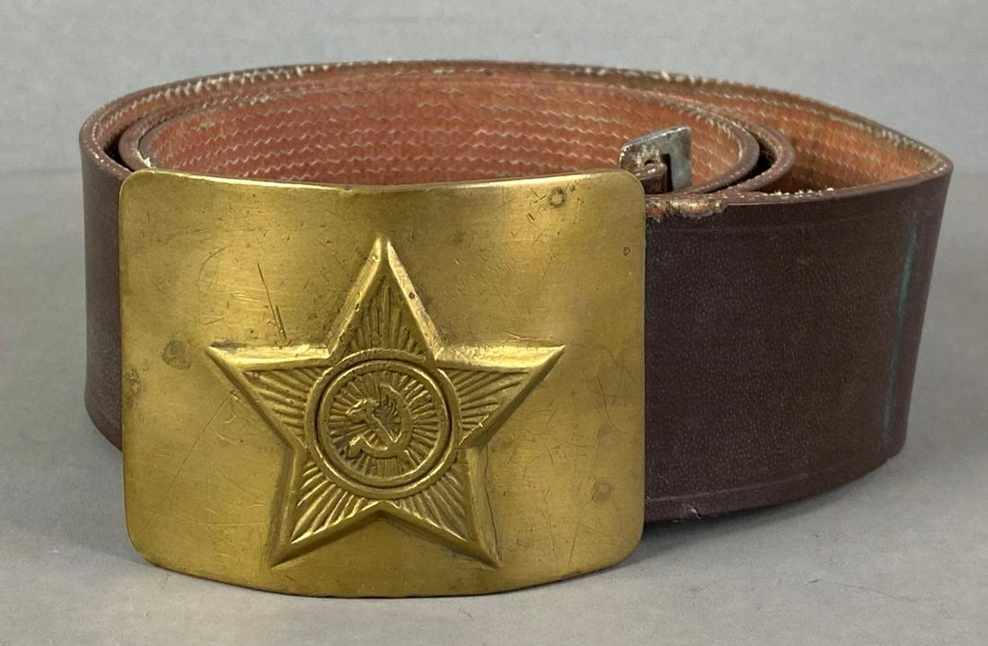 USSR Soviet Russia Hammer and Sickle Belt: Brass belt buckle. Inside of belt is marked. 40 inches long