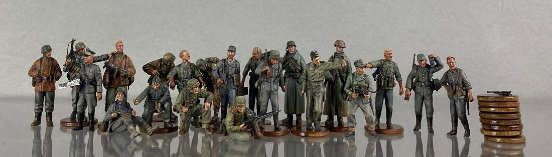 Group of 21 WW2 German Infantry Soldiers Custom Painted Models: Custom painted by Bill Cook. Some are disconnected from base, one piece is chipped. Largest measures 2 1/4 x 4 inches