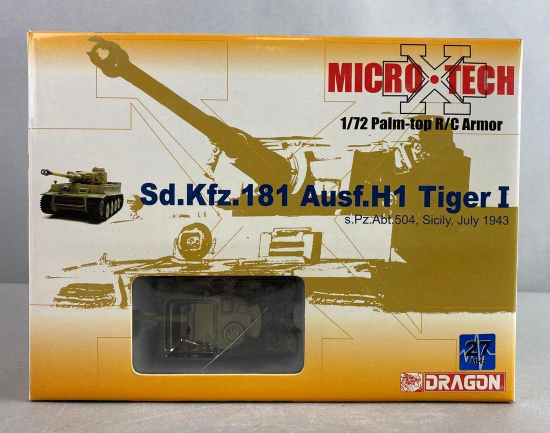 Micro X Tech Sd. KFZ. 181 Ausf. H1 Tiger 1 Figure: 1/72 Palm-tip R/C Armor. s.Pz.Abt. 504. Used in Sicily of July 1943. 27 MHz. Original box, box measures 8 1/4 x 11 1/4 x 4 inches