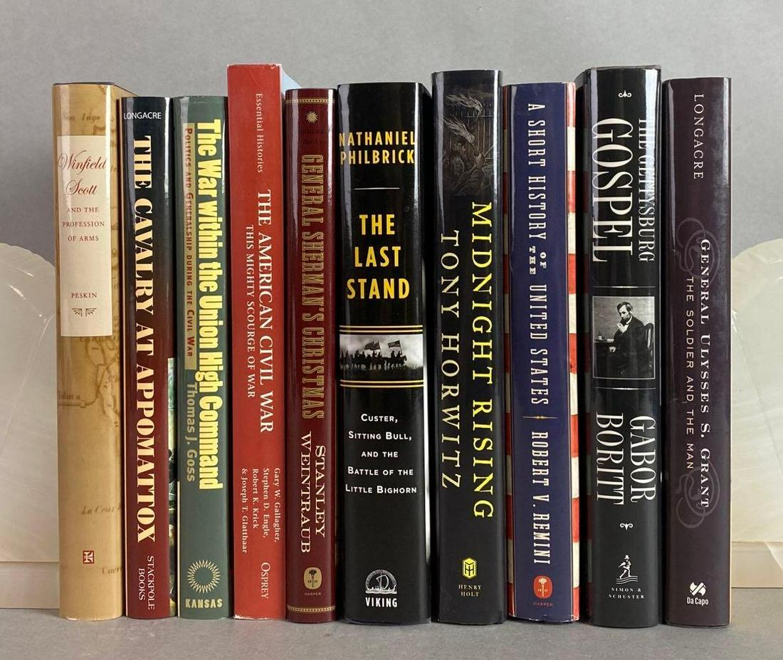 Group of 10 Assorted Military Books: Bookends not included. Includes The Gettysburg Gospel, The Last Stand, The American Civil War, and more.