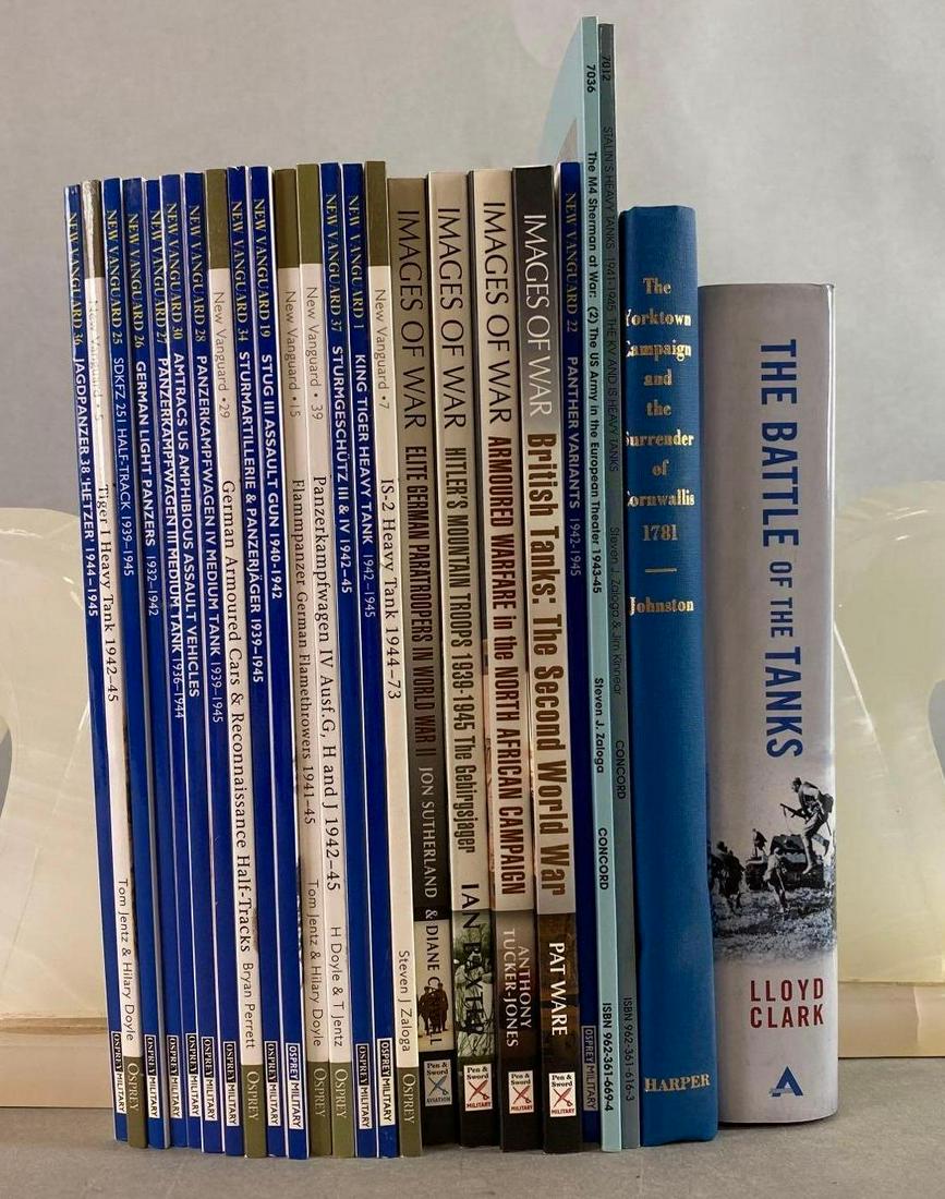 Group of 20+ Assorted Military Books: Bookends not included. Includes The Battle of The Tanks, IS-2 Heavy Tank 1944-73, The Yorktown Campaign and the Surrender of Cornwallis 1781, and more.