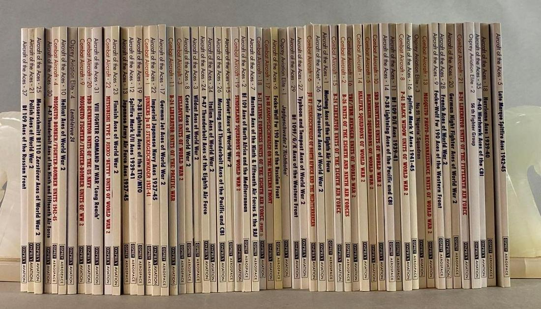 Group of 50+ Osprey Aviation and Aerospace Military Books: Bookends not included. Includes P39 Aircobra Aces of WW2, 56th Fighter Group, Wildcats Aces of WW2, and more.