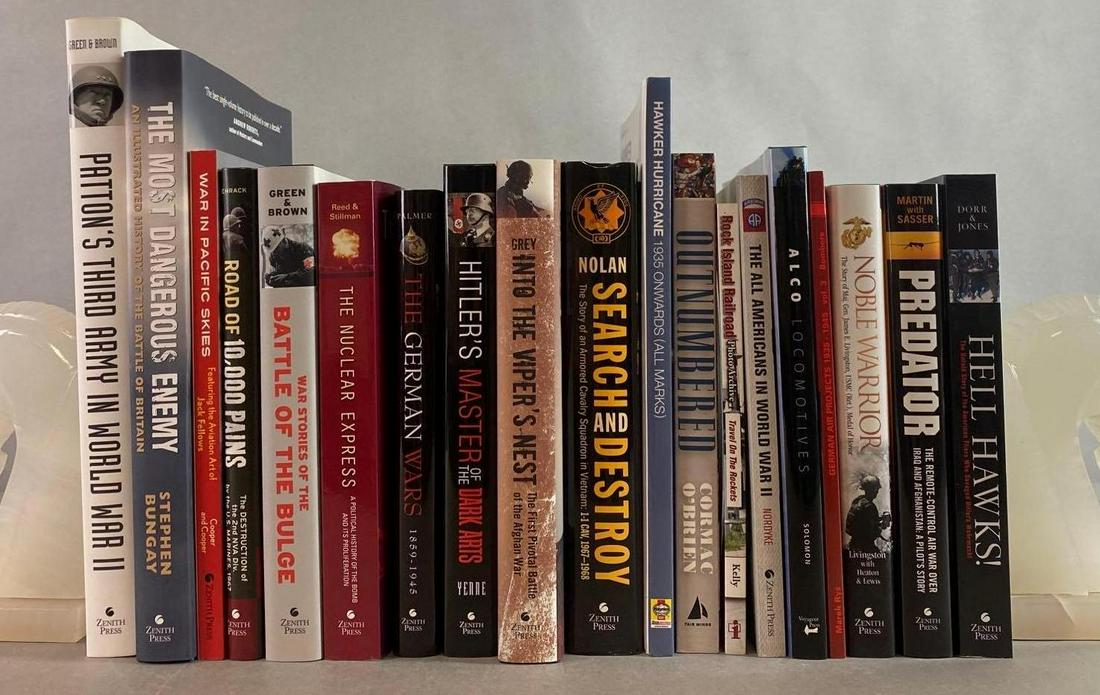 Group of 19 Assorted Military Books: Bookends not included. Includes Hell Hawks, Predator, The German Wars, and more.