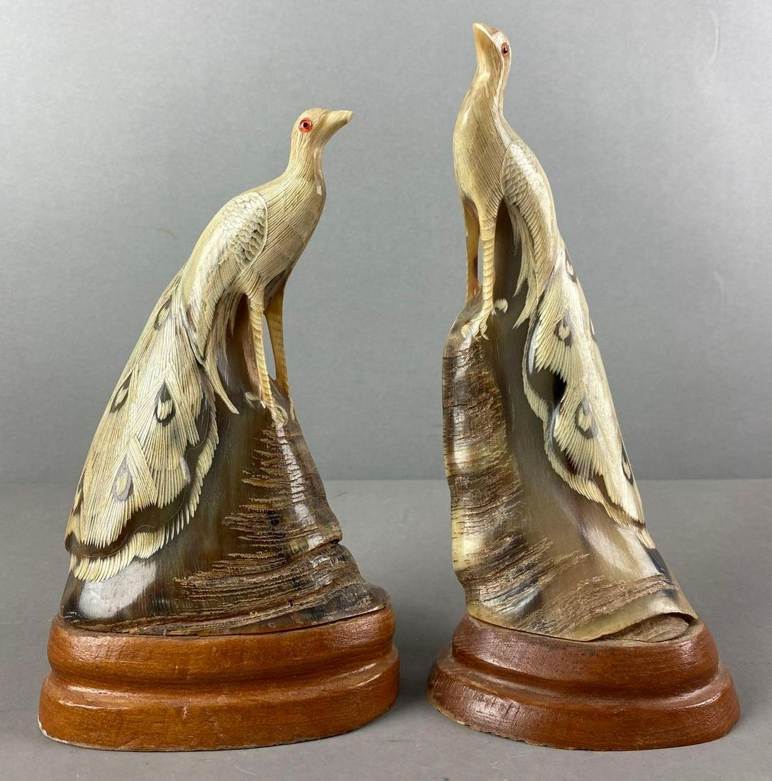 Pair Of Carved Peacock Ox Horns Auction