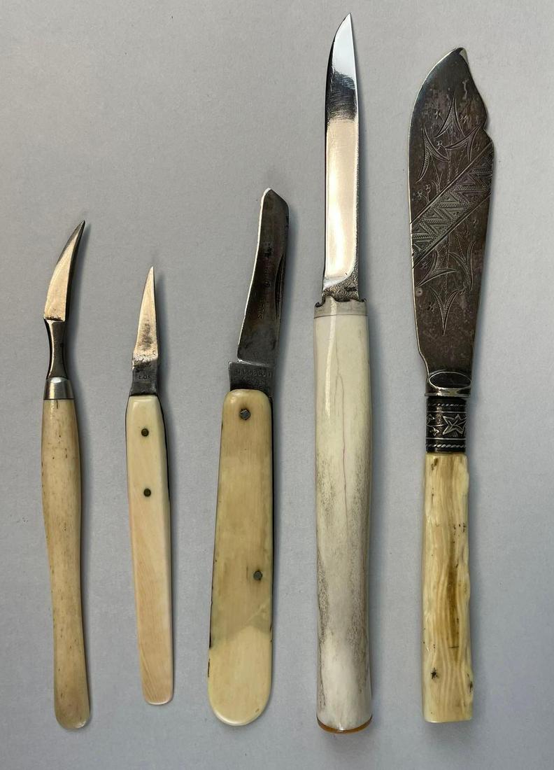 Group of 5 Assorted Bone Handle Knives: Includes scalpels, G Dobson and sons folding knife, and more. Longest measures 7 3/4 inches overall