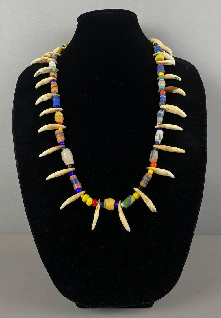 Native American Northern Plains Sioux Style Coyote Tooth Necklace: Old Hudson Bay Trade Beads. Approx 13 1/2 inches long