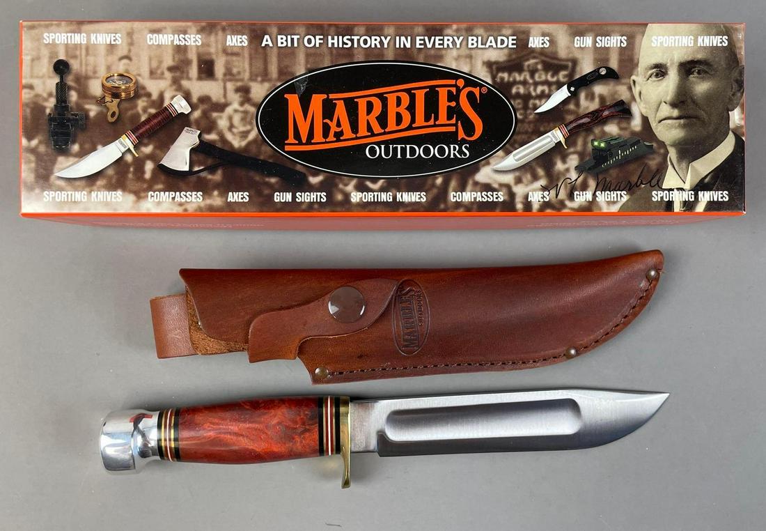 Marbles Ideal Bowie Knife with Sheath: red Maple burl handle. Includes original box. Measures 10 inches overall with a 6 inch blade