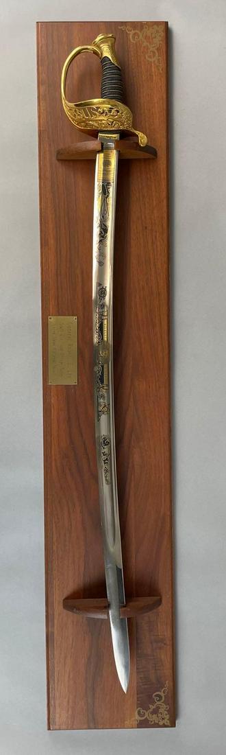 Gen. Robert E. Lee Replica Sword with Display: Handmade in Solingen Germany by F. Hoerster. 1988 United States Historical Society. Sword measures 37 inches overall, wood display measures 41 x 7 1/2 inches