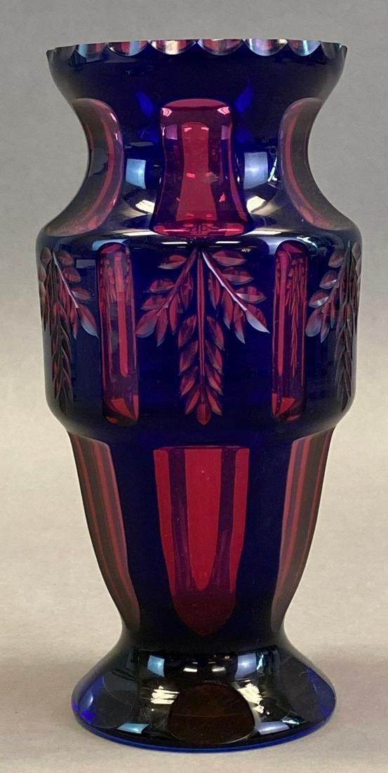 Cut Glass Pink And Cobalt Cased Glass Vase With Laurel Motif Auction