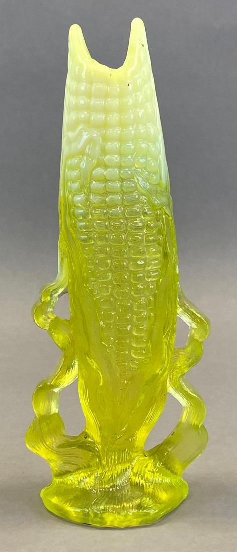 Dugan Yellow Vaseline Opalescent Corn Vase: Polished Pontil, 2 footpads adhered to base, Measures 8 x 3 1/4 x 2 1/2in.