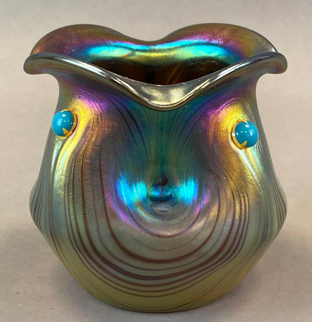 Art Deco Gold Iridescent Pinched Glass Vase: With 4 adhered glass bearings, Polished pontil mark, Measures 3 1/2 x 3 3/4 x 3 3/4in.