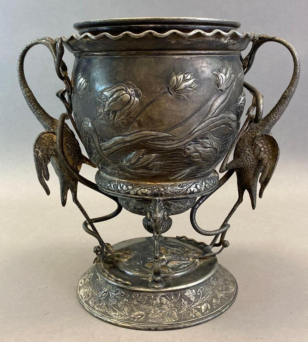 Cast Metal Cranes and Floral Figural Amphora Lamp Base: Missing font, No. 48 stamped on base, Some tarnishing, Measures 11 x 11 1/2 x 8 1/2in.