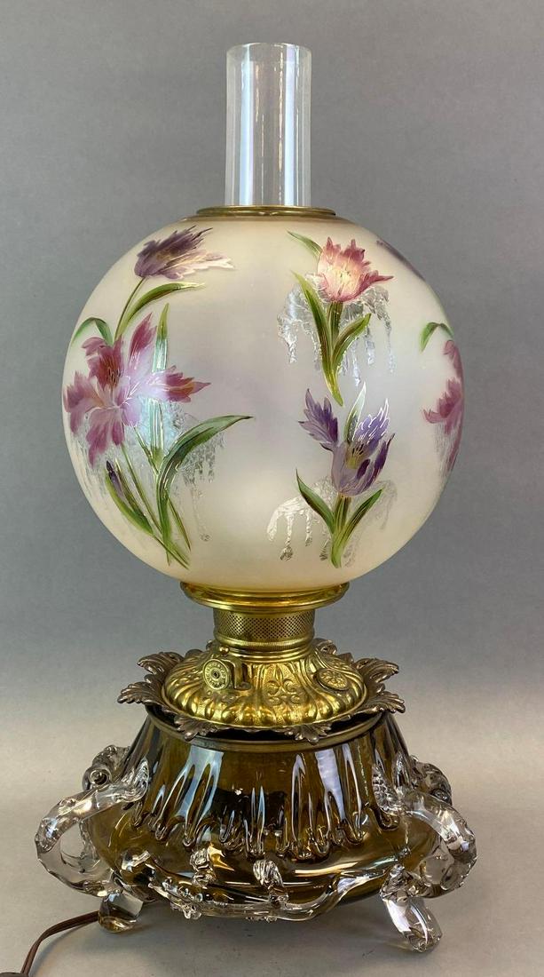Frosted Floral Painted Glass Lamp with Yellow Glass Base: Base with applied lizard figures and feet, Electrified, Made in the US, In working condition, Measures 21 1/2 x 10 1/2 x 10 1/2in.