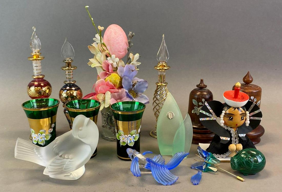 Group of 15 Assorted Items: Includes mother of pear and wood toothpick holders, frosted glass bird, vases, and more, Some broken pieces, Tallest measures 8 x 4 1/2 x 3 1/2in.