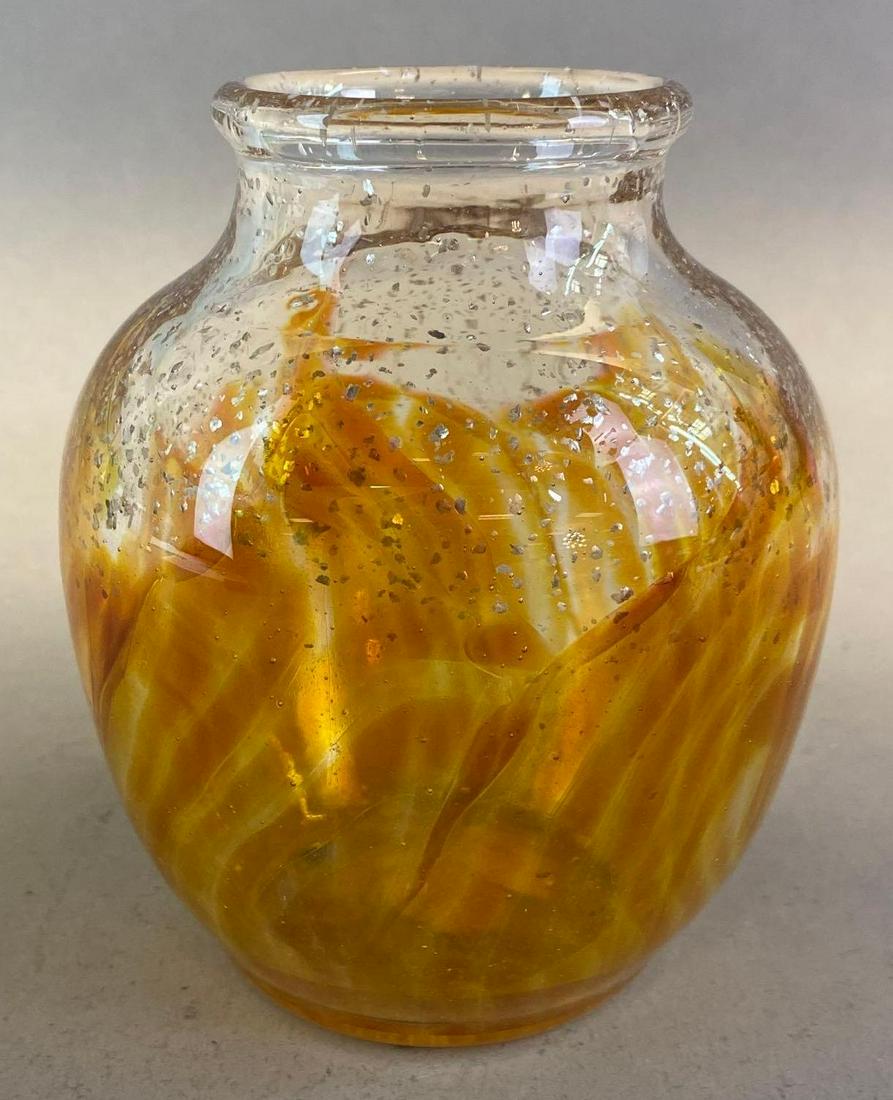 Carder Steuben Clear and Orange Glass Aventurine Glass Vase: Makers mark on base, Partial Rockwell sticker on base, with silver flecks, Measures 5 1/2 x 4 1/4 x 4 1/4in.