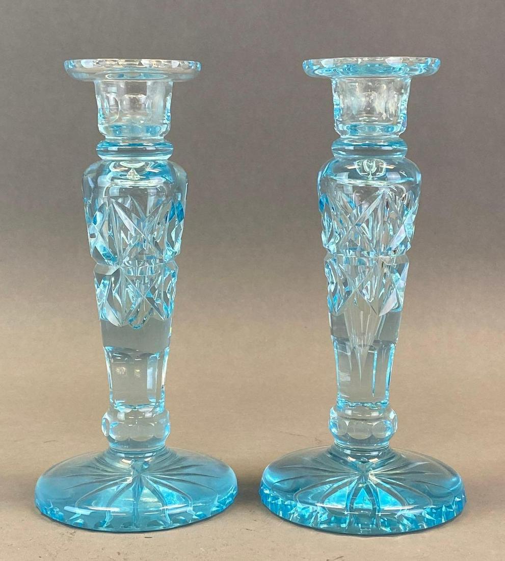 Pair of Aquamarine Blue Cut Glass Candlesticks: Both measure 7 1/2 x 3 1/2 x 3 1/2in.