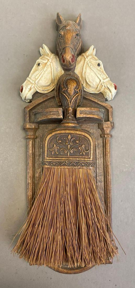 Horse Themed Wood Brush Holder and Brush: Three painted horses on top, Brush with carved wood handle, Measures 10 1/2 x 4 x 1 1/2in.