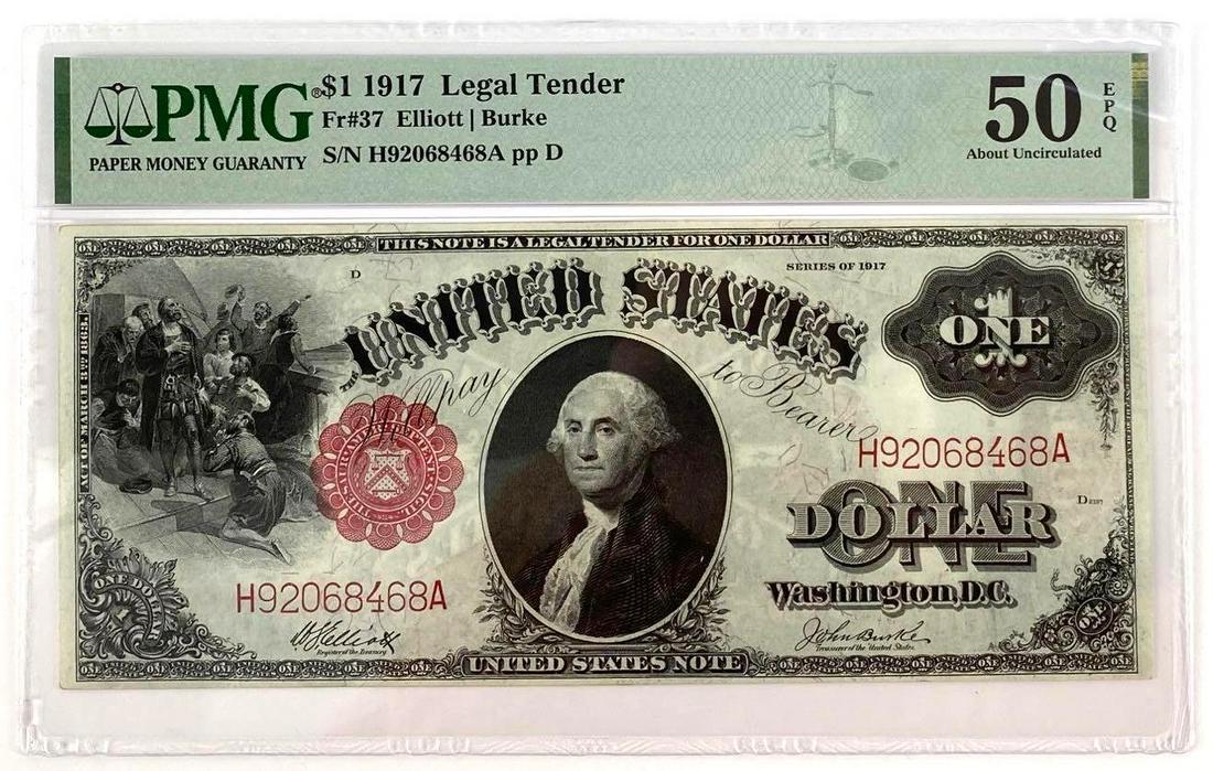 1917 $1 Legal Tender Note (PMG) 50 AU: Fr #37, Elliott and Burke, s/n H92068464A, pp D