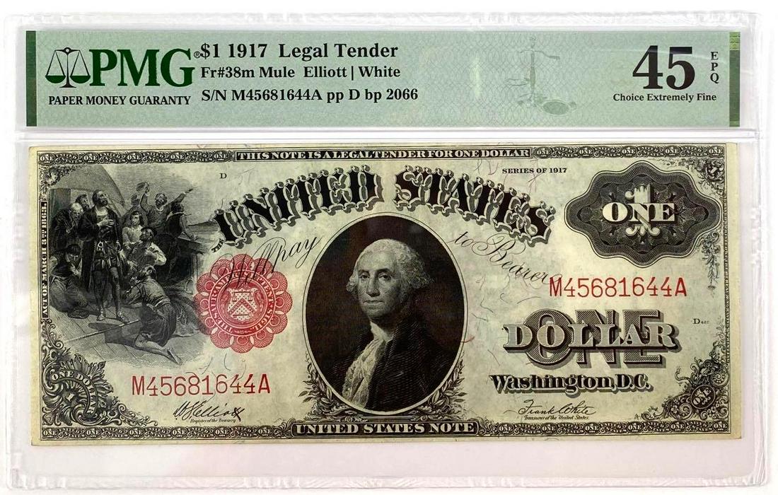1917 $1 Legal Tender Note (PMG) 45 CEF: Fr #32m, Mule Elliott and White, s/n M45681644A, pp D bp 2066