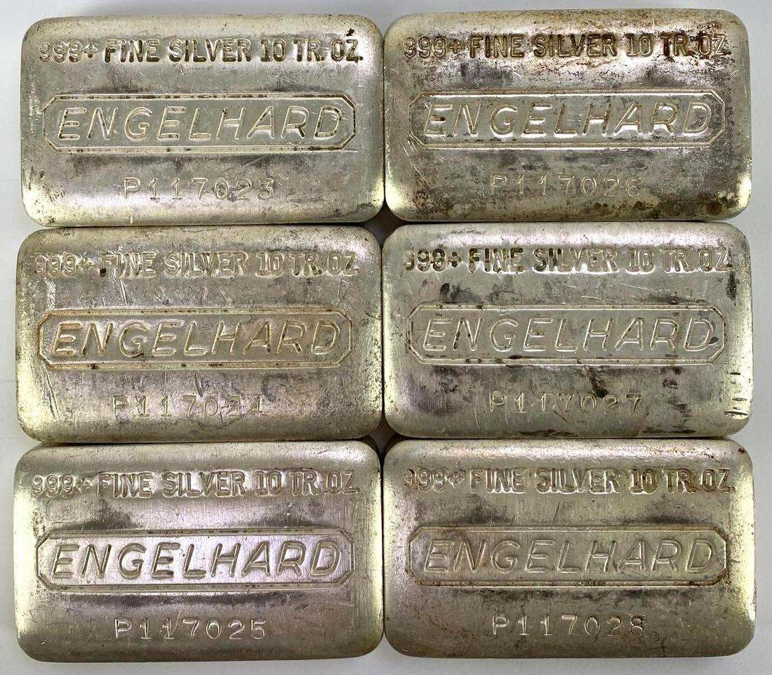RARE 6 Consecutive Serial Numbered Engelhard 10 Oz .999 Fine Silver Loaf Bars (1 of 2)
