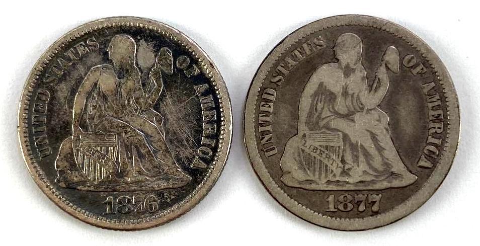 Group of (2) 1876 and 77 CC Seated Liberty Silver Dimes (1 of 2)