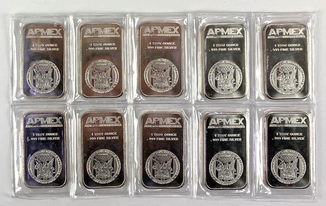 Group of 10 APMEX Vertical 1oz. .999 Fine Silver Ingots / Bars (1 of 2)