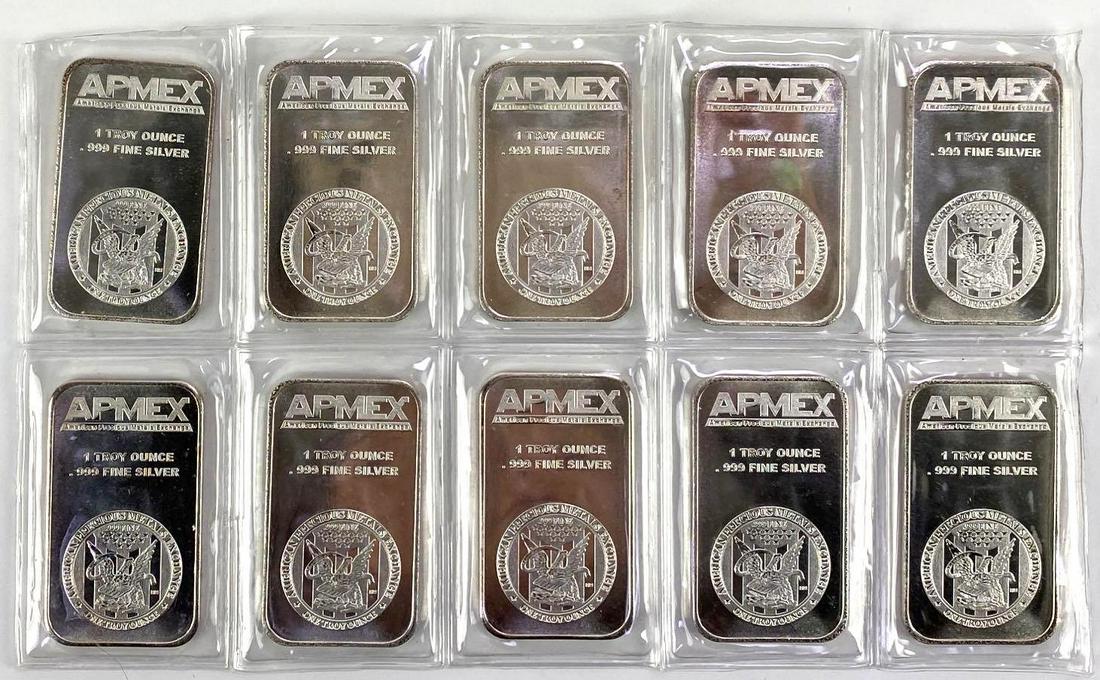 Group of 10 APMEX Vertical 1oz. .999 Fine Silver Ingots / Bars (1 of 2)