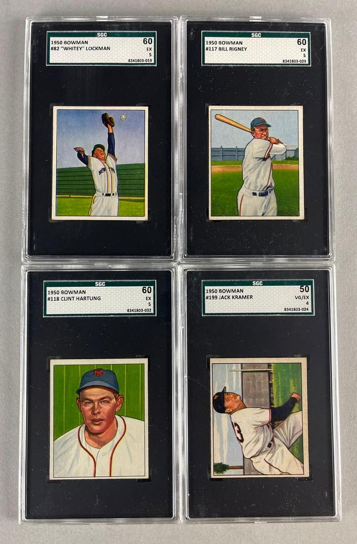 4 - 1950 Bowman New York Giants SGC 4s or Better: Whitey Lockman #82 SGC 5, Bill Rigney #117 SGC 5, Clint Hartung #118 SGC 5, and Jack Kramer #199 SGC 4