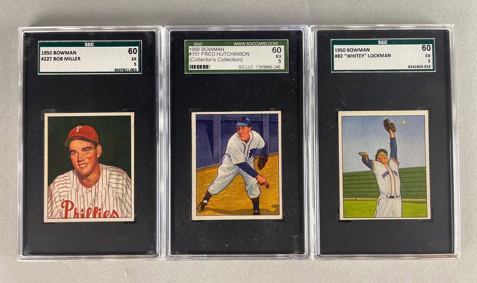 3 - 1950 Bowman Baseball SGC 5 Cards: Bob Miller #227 SGC 5, Fred Hutchinson #151 SGC 5, and Whitey Lockman #82 SGC 5