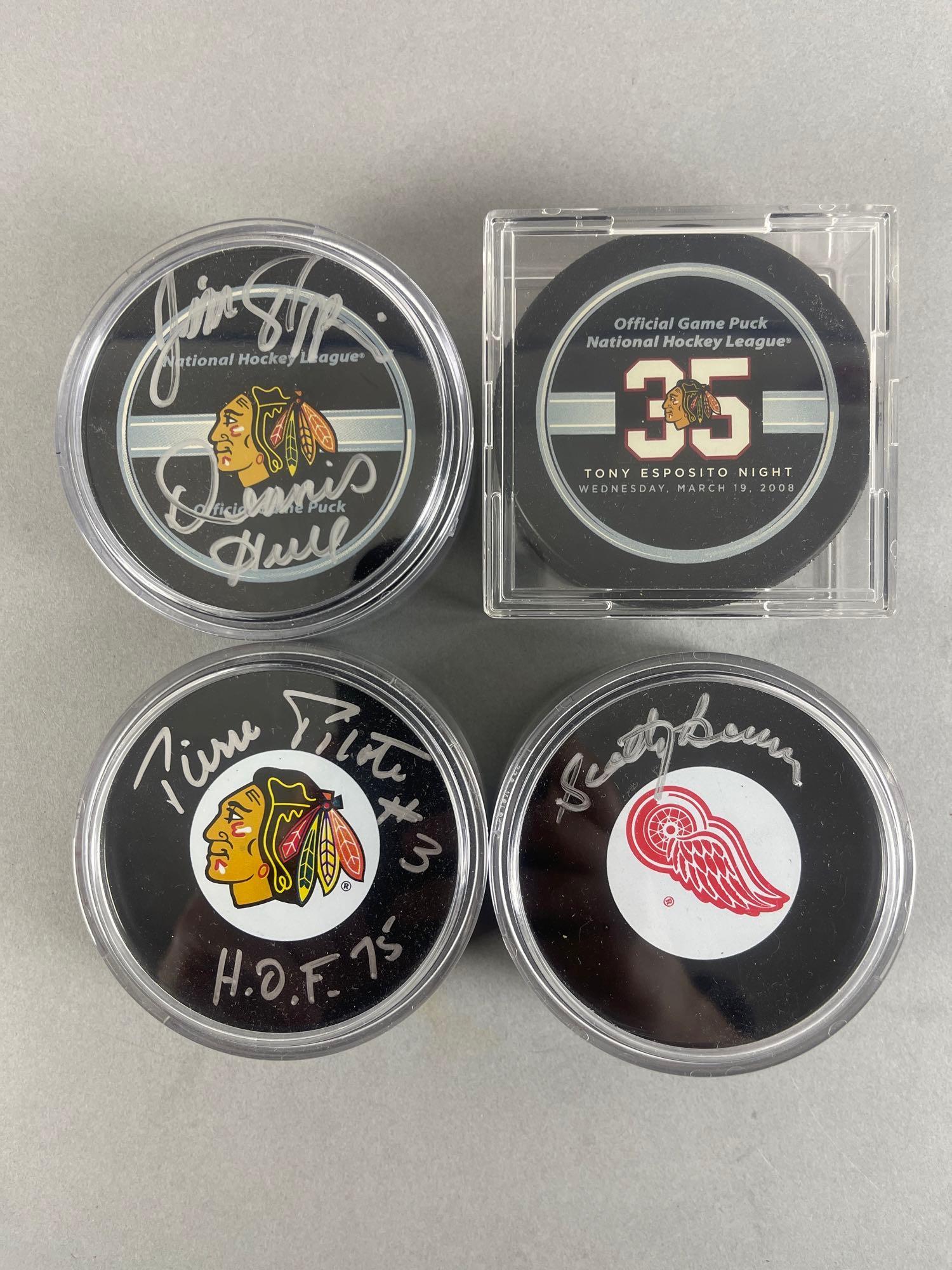 3 - HOF Signed Hockey Pucks + Rare Tony Esposito Night Puck (1 of 7)