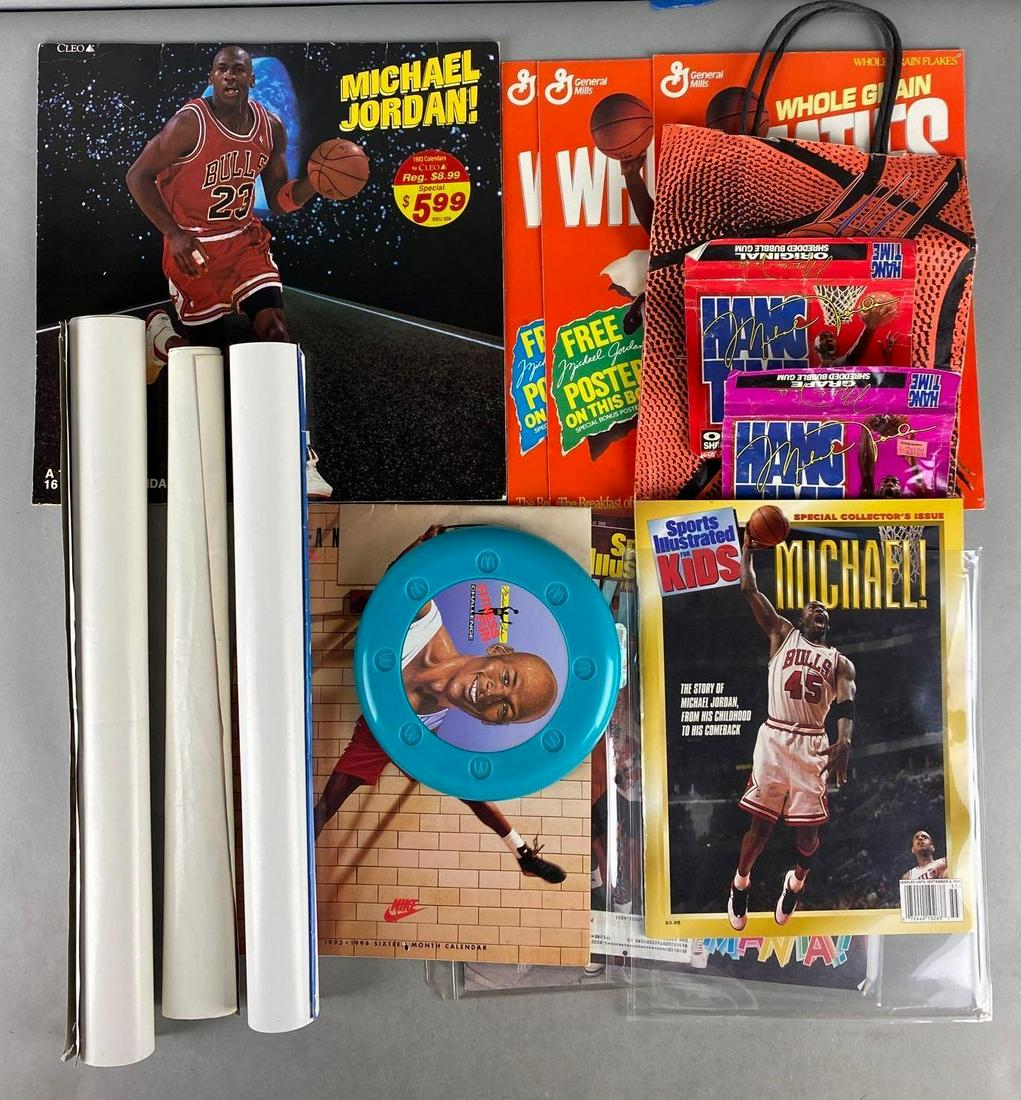 Assorted Michael Jordan Collection: 3 - Sports Illustrated For Kids Magazines with uncut cards. 4 - posters, 3 - Wheaties Posters full set, McDonaldÕs Frisbee, 1993-94 Nike Calendar and more