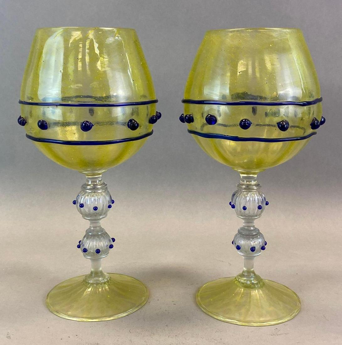 Pair Of Oversized Yellow Art Glass Wine Glasses