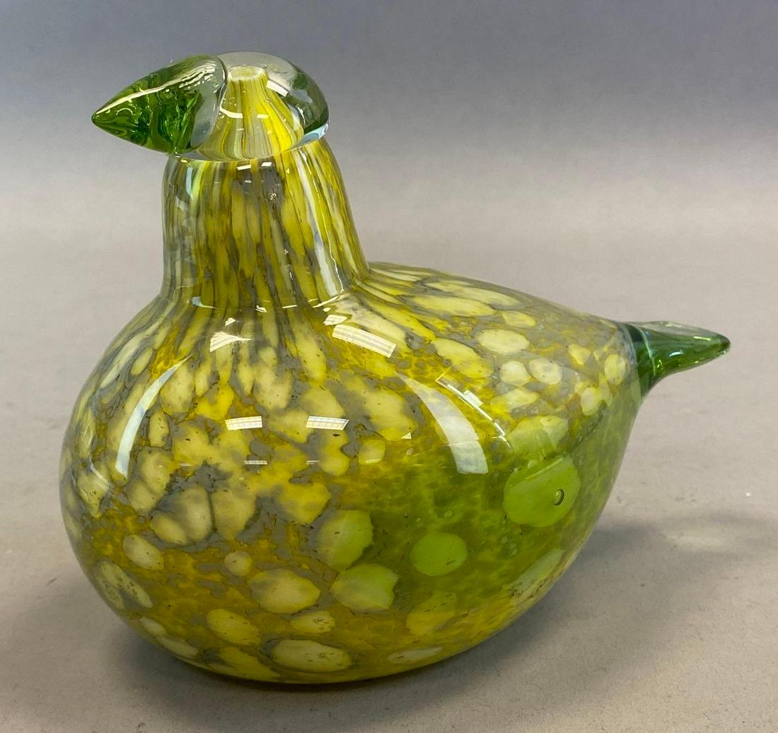 Iittala Yellow and Green Blown Glass Bird: Makers sticker on base, Hand Blown, Measures 5 x 6 1/2 x 3 3/4in.