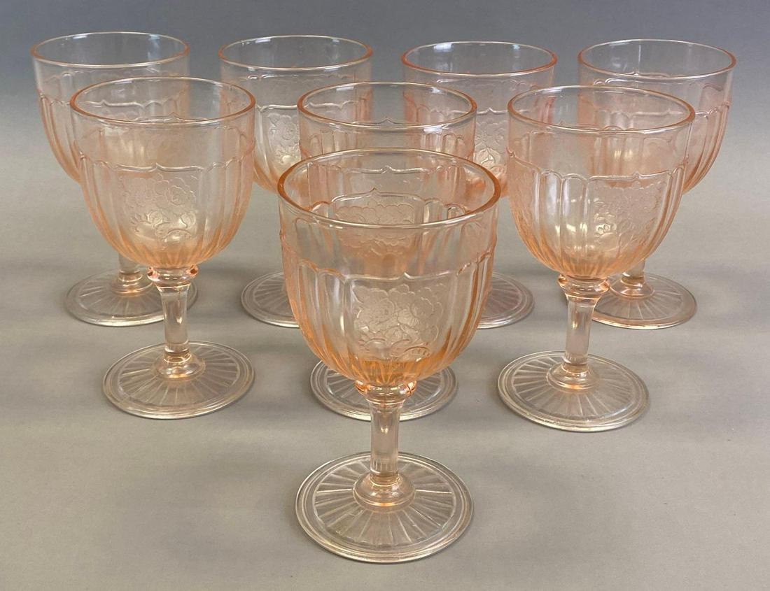 Set of 8 Mayfair Open Rose Pink Depression Glass Wine Glasses: Anchor Hocking, All measure 5 3/4 x 3 1/4 x 3 1/4in.