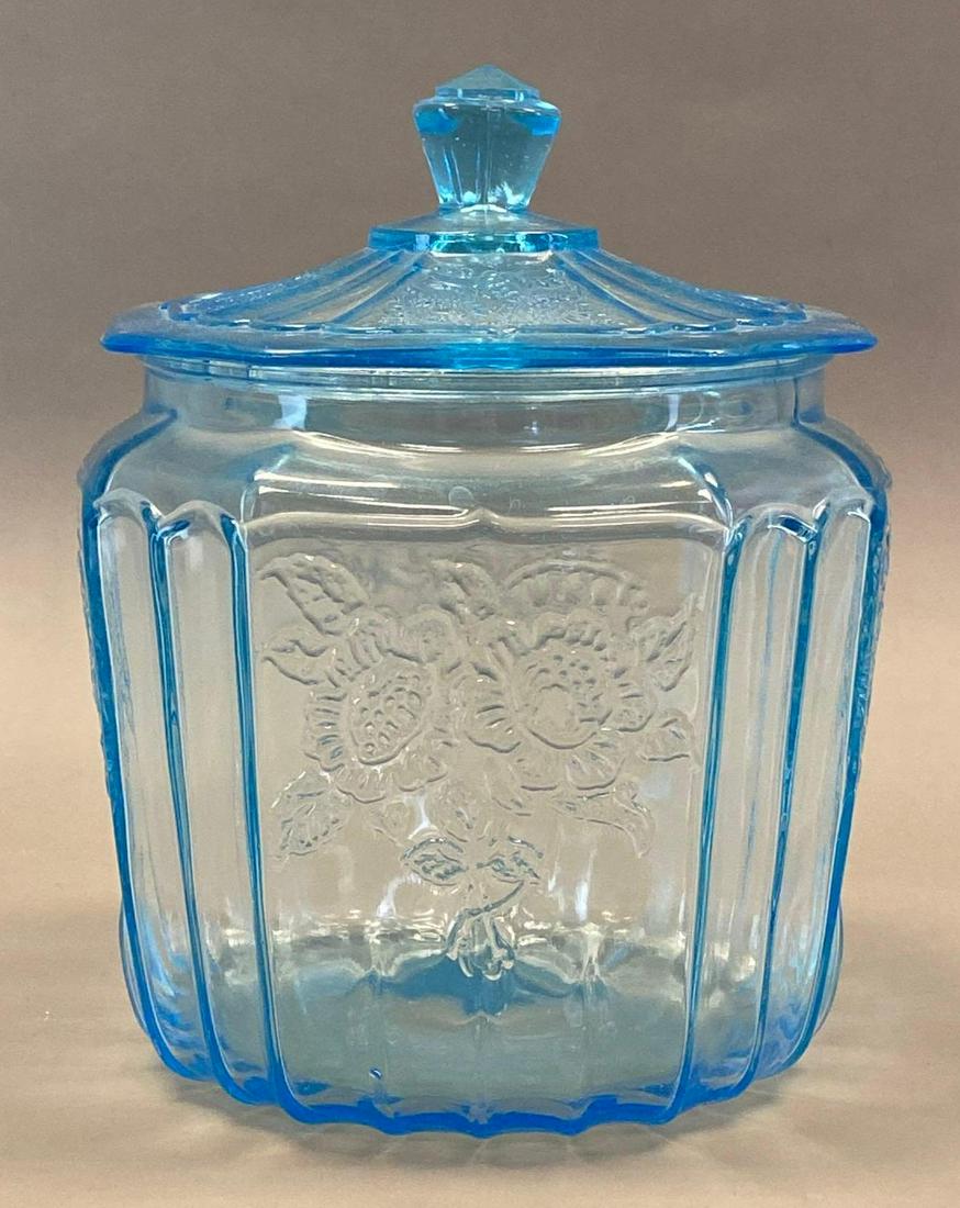 Mayfair Open Rose Blue Depression Glass Cookie Jar (1 of 5)