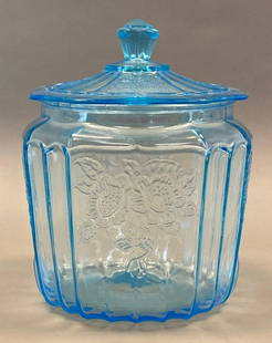 Mayfair Open Rose Blue Depression Glass Cookie Jar: Anchor Hocking, Measures 7 1/4 x 5 1/2 x 5 1/2in.