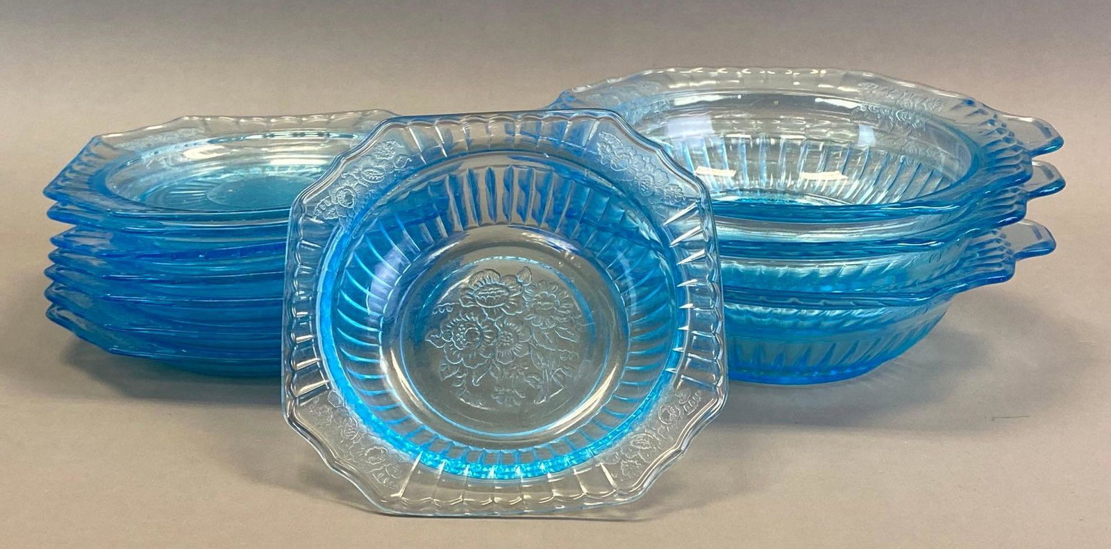 Group of 11 Mayfair Open Rose Blue Depression Glass Plates and Bowls (1 of 3)