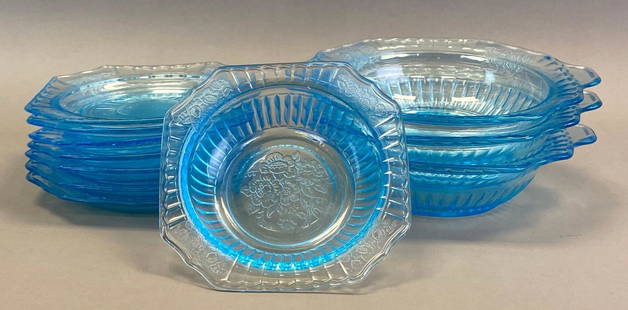 Group of 11 Mayfair Open Rose Blue Depression Glass Plates and Bowls: Includes double handles bowls, small plates, and shallow bowl, Largest measures 2 x 8 1/4 x 7in.