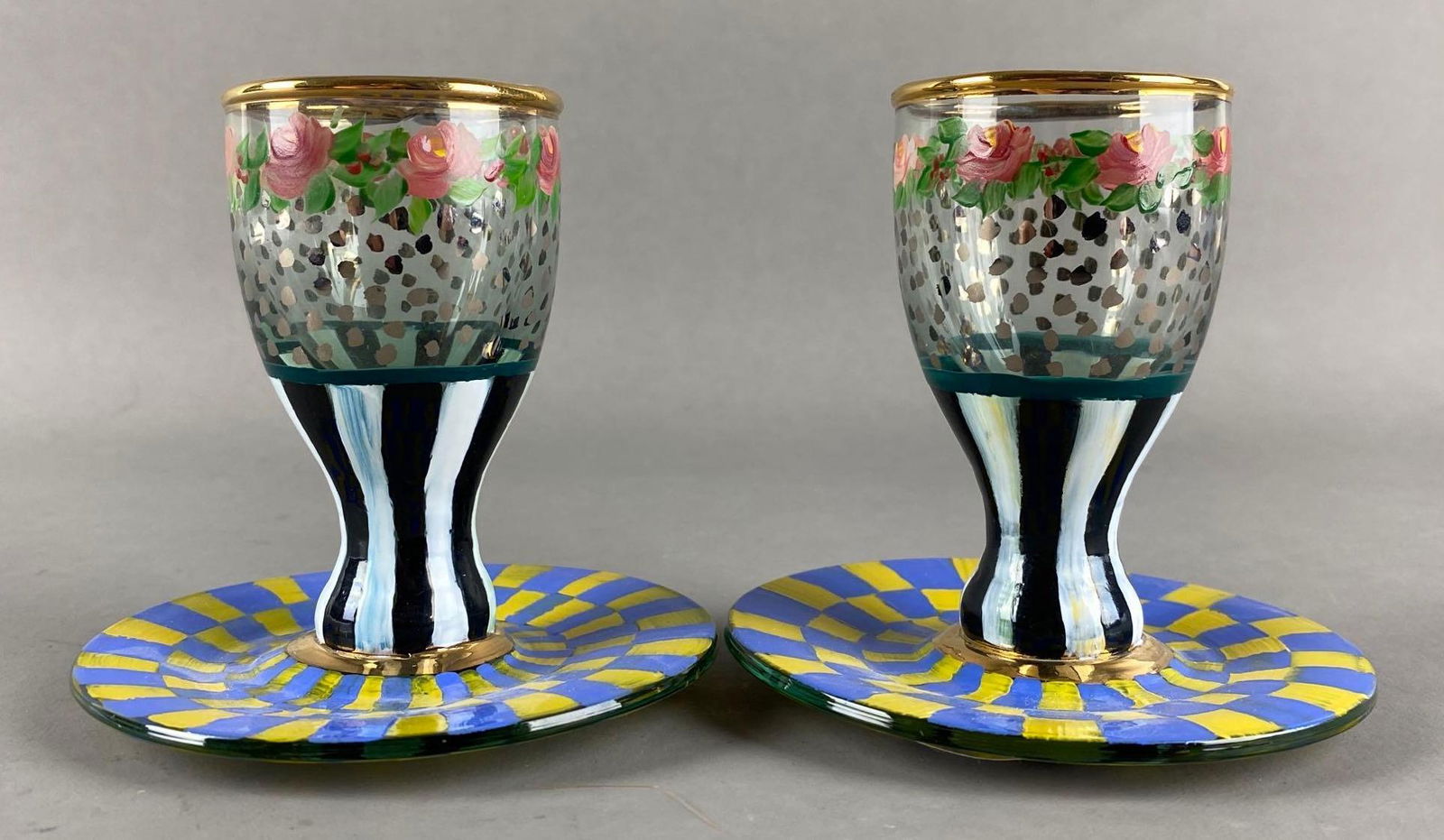 Pair of Mackenzie Childs Hand Painted Egg Cups: Measures 3 3/4 x 4 x 4 inches